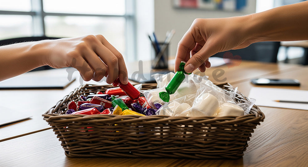フリー素材 無料 写真|オフィスの共有テーブルでホワイトデーお菓子を配る手元 背景素材