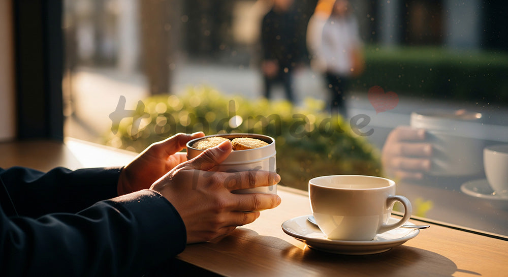 フリー素材 無料 写真|カフェでクッキー缶を差し出す日本人男性の手元、窓際の柔光 背景素材