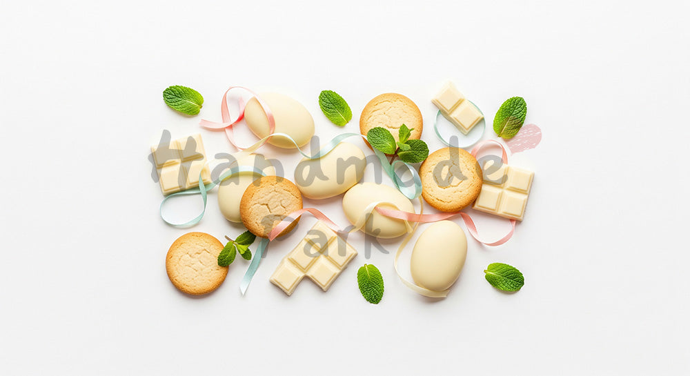 フリー素材 無料 写真|背景素材白バックグラウンドのホワイトチョコとクッキーのフラットレイ、淡色リボン 写真背景