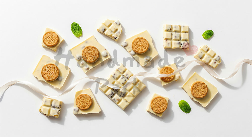 フリー素材 無料 写真|白背景のホワイトチョコとクッキーのフラットレイ、淡色リボン
