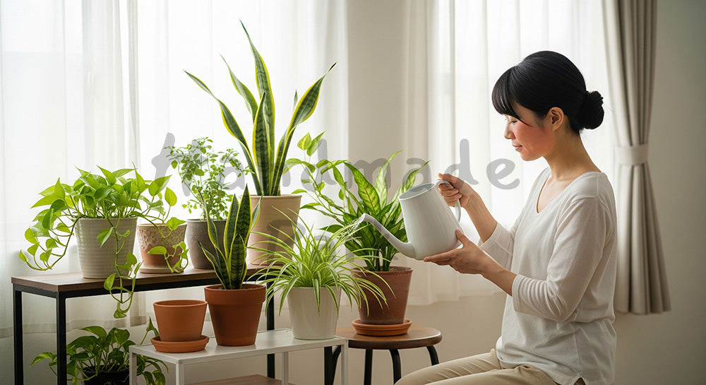 フリー素材 無料 写真|背景素材窓辺の観葉植物に水やりをする日本人主婦のナチュラルな暮らし 写真背景
