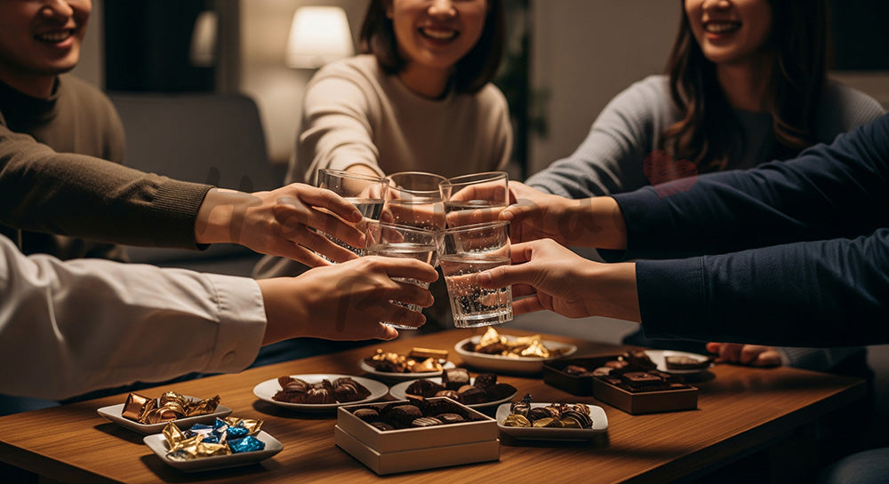 フリー素材 無料 写真|自宅でチョコとノンアル乾杯をする日本人の手元、カジュアルな夜 背景素材
