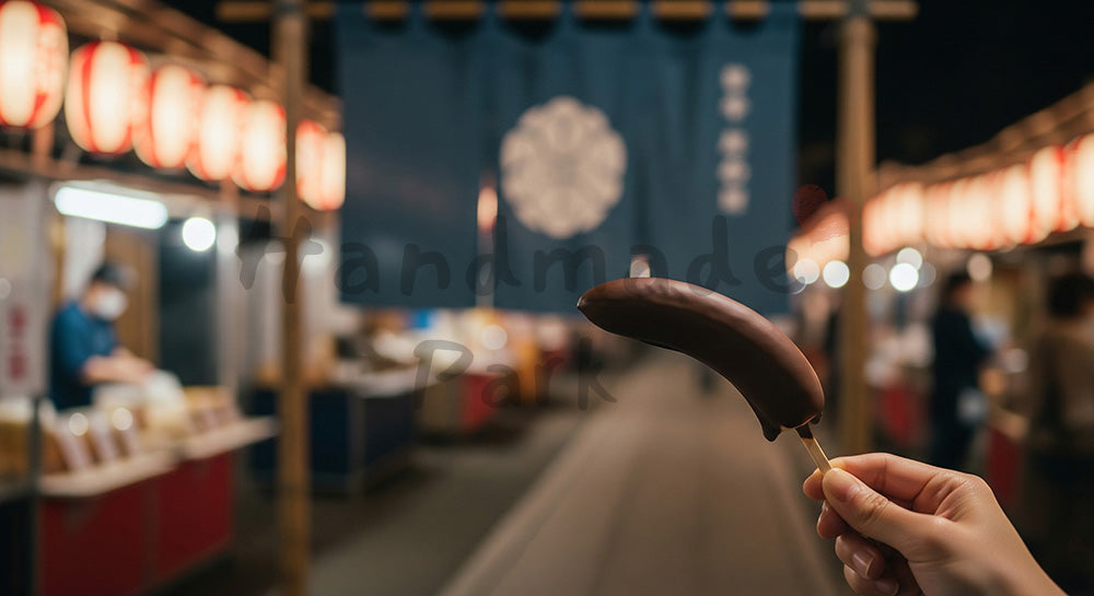 フリー素材 無料 写真|夜のボケと暖色、参道屋台でチョコバナナを持つ日本人の手元