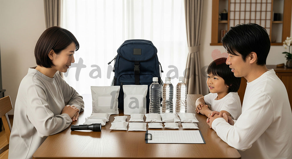 フリー素材 無料 写真|整然とした配置で備蓄と減災をわかりやすく示す家庭の準備、食卓に防災グッズを並べる日本人家族