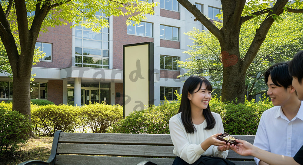 フリー素材 無料 写真|大学ベンチでチョコを渡す日本人学生の半身、友人へのカジュアルギフト 写真背景