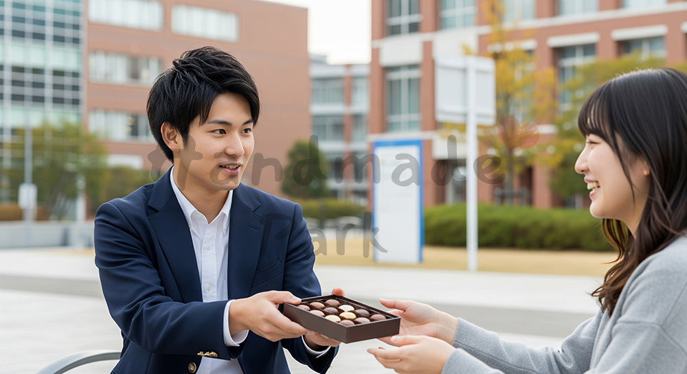フリー素材 無料 写真|背景素材友人へのカジュアルギフト、大学ベンチでチョコを渡す日本人学生の半身