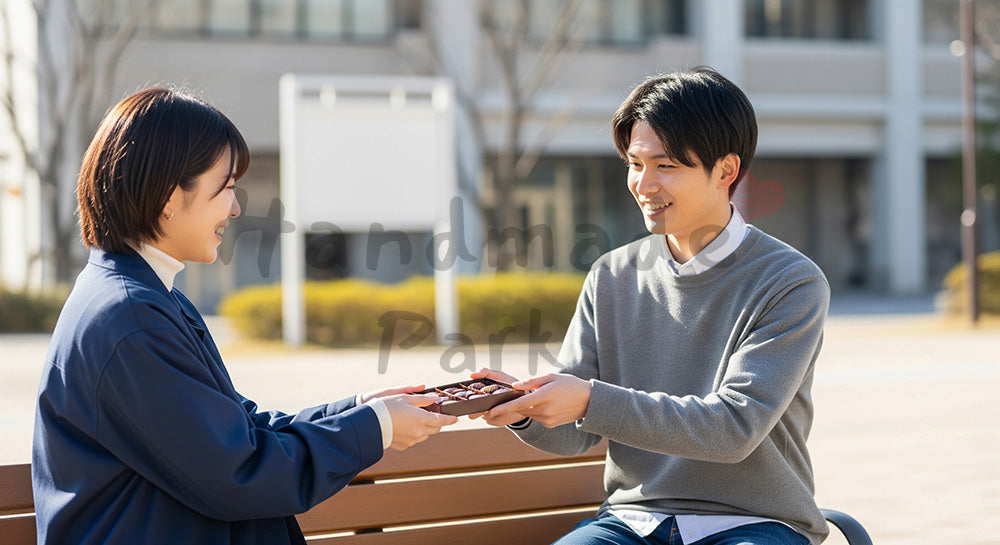 フリー素材 無料 写真|大学ベンチでチョコを渡す日本人学生の半身、友人へのカジュアルギフト