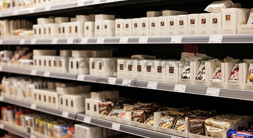 フリー素材 無料 写真|コンビニ風の棚に並ぶ無地小箱のチョコ、一般化された売場 背景素材