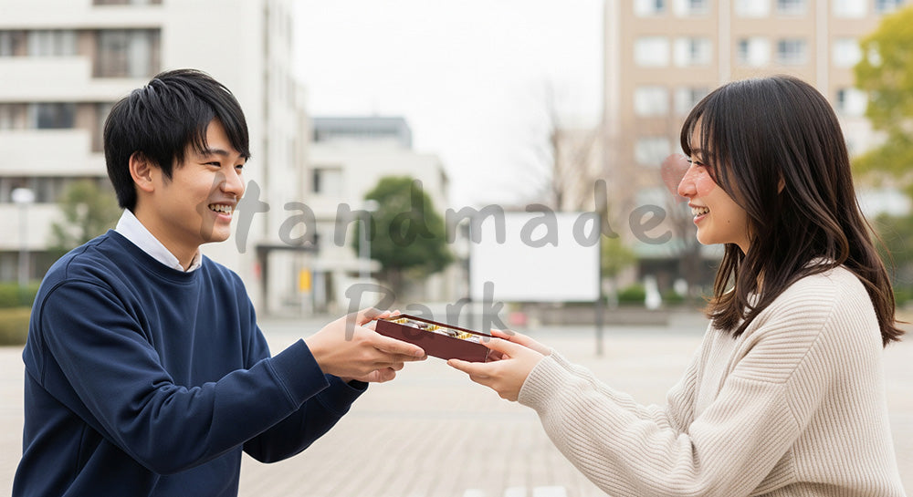 フリー素材 無料 写真|大学ベンチでチョコを渡す日本人学生の半身、友人へのカジュアルギフト