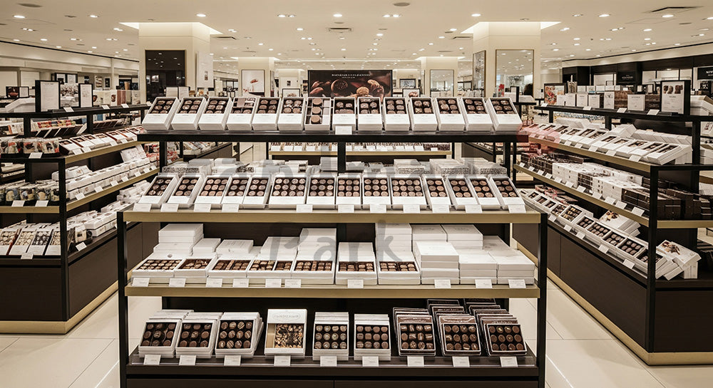 フリー素材 無料 写真|百貨店風スイーツ売場の無地パッケージ棚、バレンタイン商戦の広角 背景素材