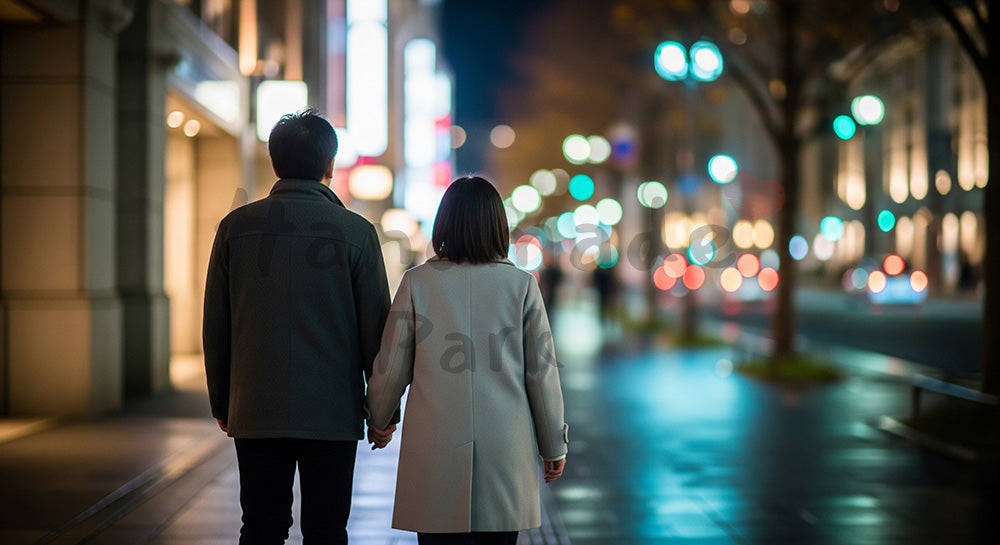 フリー素材 無料 写真|都会の散歩、夜のイルミネーションの下を歩く日本人カップルの後ろ姿