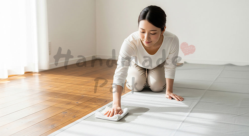 フリー素材 無料 写真|日本のリビングで雑巾を使う日本人主婦、無地シートでロゴを排した床掃除シーン