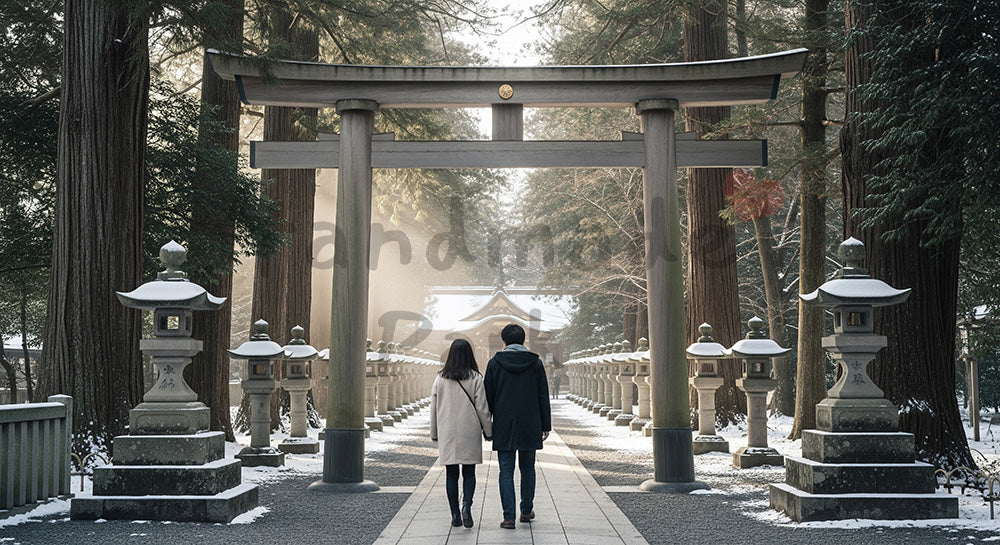 フリー素材 無料 写真|神社参道を歩く日本人カップルの後ろ姿のある冬の朝、澄んだ空気で新年の始まりを感じる初詣シーン