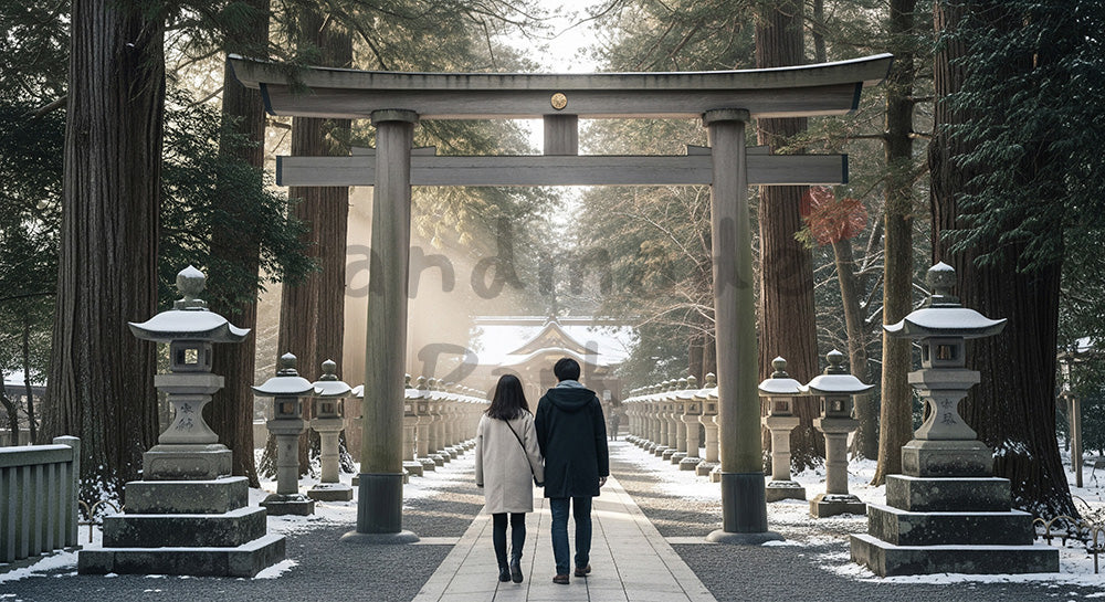フリー素材 無料 写真|冬の朝、神社参道を歩く日本人カップルの後ろ姿、澄んだ空気で新年の始まりを感じる初詣シーン