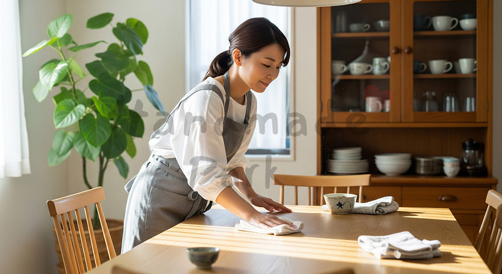 フリー素材 無料 写真|朝のダイニングで木目テーブルを拭き掃除する日本人主婦の日常シーン