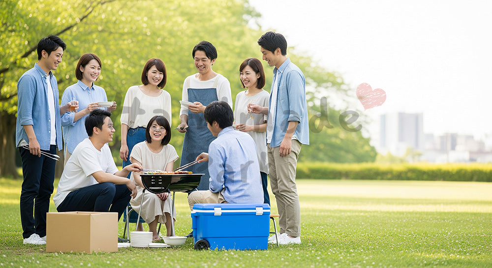 フリー素材 無料 写真|明るい週末のにぎわいを写した行楽シーンのある日本の公園で家族と友人がBBQを楽しむ屋外レジャー