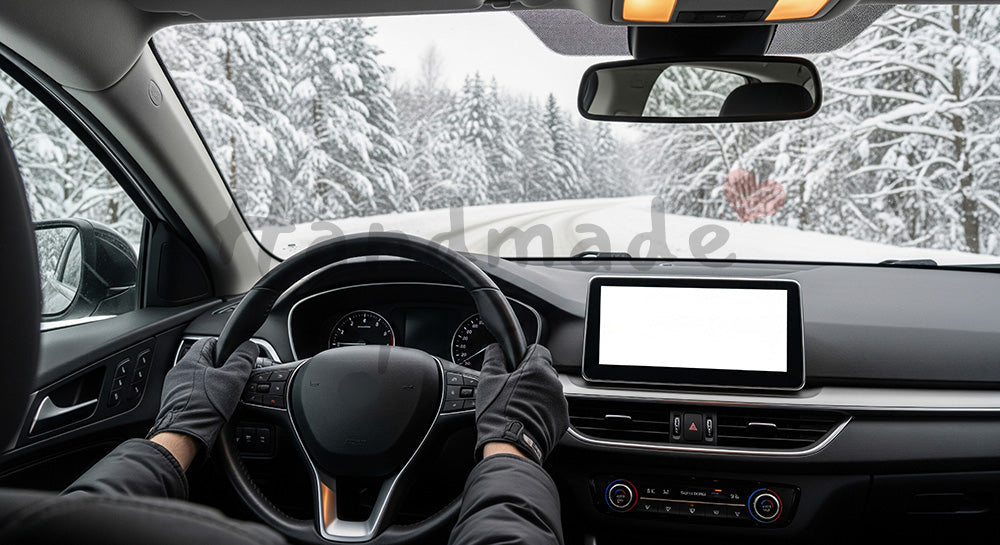フリー素材 無料 写真|安全運転の文脈で使いやすい冬ドライブのイメージ、雪道を走る車内のハンドルと手元