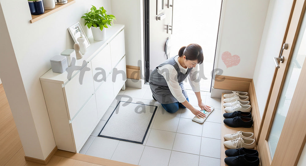 フリー素材 無料 写真|玄関のたたきをモップや雑巾で拭き掃除する日本人主婦のエントランスケア 背景素材