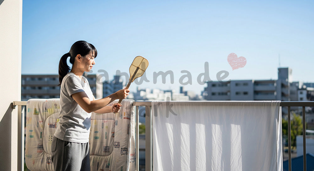 フリー素材 無料 写真|ベランダで布団を干してたたく日本人主婦の布団ケアシーン