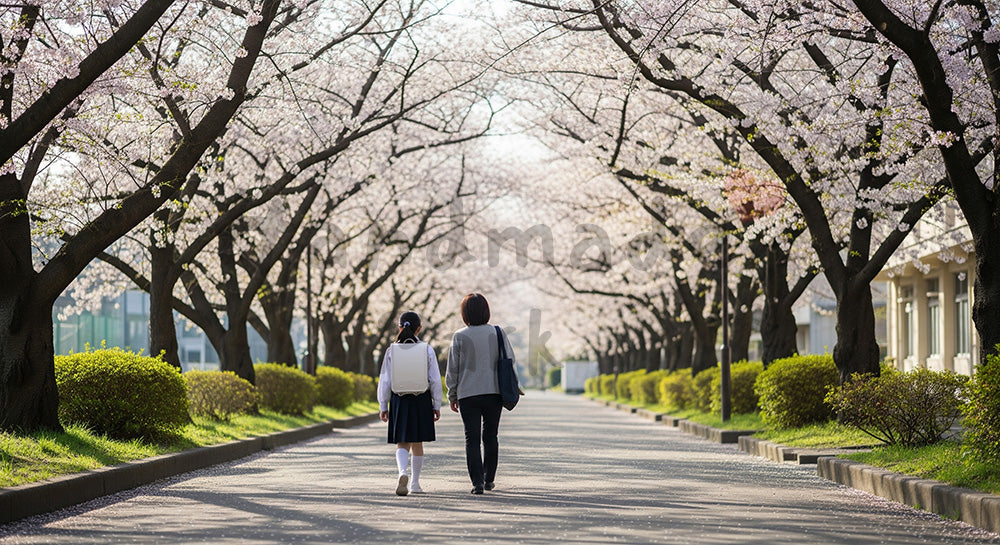 フリー素材 無料 写真|朝の自然光で新生活の希望を描く春のシーン、桜の通学路を歩く新入生と日本人の親子