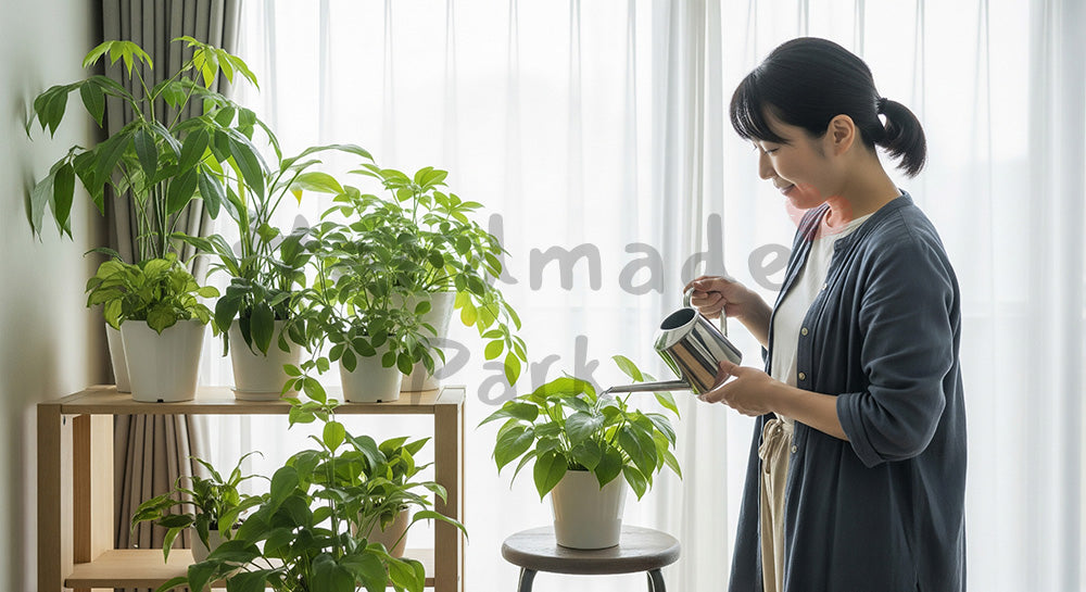 フリー素材 無料 写真|窓辺の観葉植物に水やりをする日本人主婦のナチュラルな暮らし