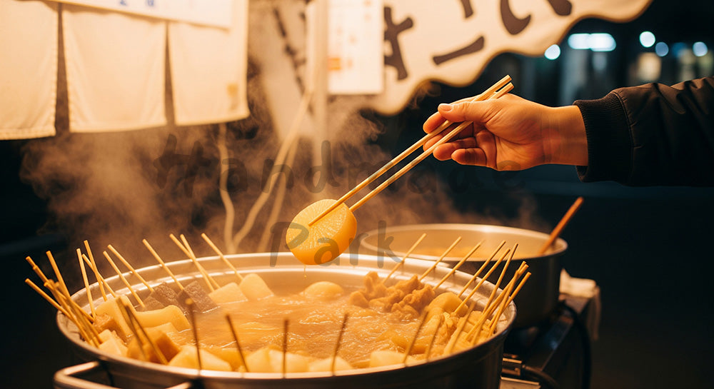 フリー素材 無料 写真|おでん屋台で串を取る日本人の手元、無地暖簾で扱いやすい冬の夜市フード 背景素材