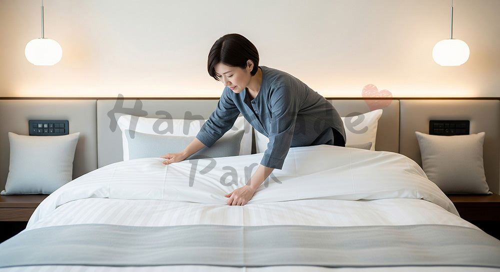フリー素材 無料 写真|背景素材寝室でベッドメイキングをする日本人主婦の暮らしの整えシーン 写真背景