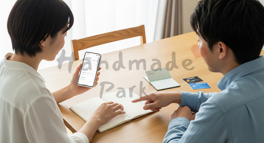 フリー素材 無料 写真|木目の食卓で家計管理をする日本人夫婦白無地の画面で情報管理に配慮した実用的シーン