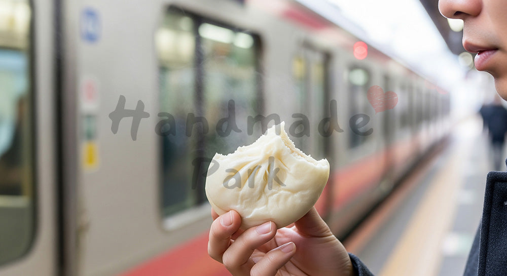 フリー素材 無料 写真|駅ホームで肉まんを手にする日本人の手元、控えめな湯気で冬の小さな幸福を切り取る