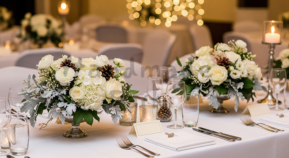 フリー素材 無料 写真|冬の結婚式会場の装花と白クロスのテーブル無地席札で上品にまとめたシーズンウェディング