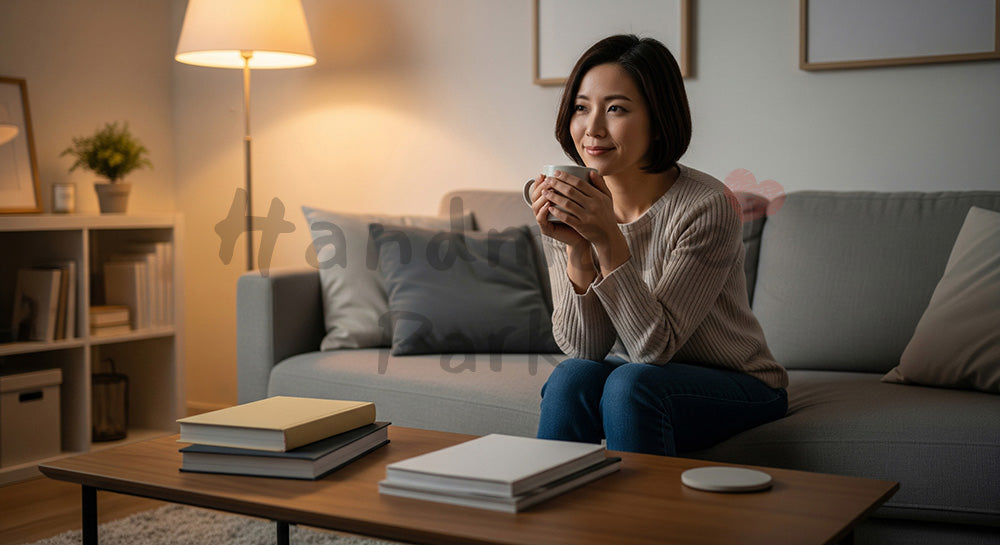 フリー素材 無料 写真|ソファでマグカップを手にくつろぐ日本人主婦のリラックスタイム 背景素材