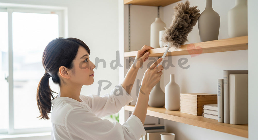 フリー素材 無料 写真|オープンシェルフのホコリを払う日本人主婦、無地小物でまとめた明るい室内のほこり取り