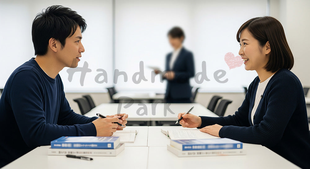 フリー素材 無料 写真|語学スクールで英会話のペアワークに取り組む日本人学習者たち(表現3)