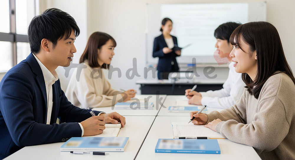 フリー素材 無料 写真|語学スクールで英会話のペアワークに取り組む日本人学習者たち コピースペースあり