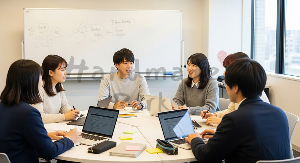 フリー素材 無料 写真|円卓を囲んでグループディスカッションを行う日本人大学生のアクティブラーニング(表現2)