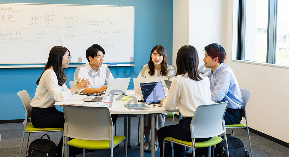 フリー素材 無料 写真|円卓を囲んでグループディスカッションを行う日本人大学生のアクティブラーニング(表現1)