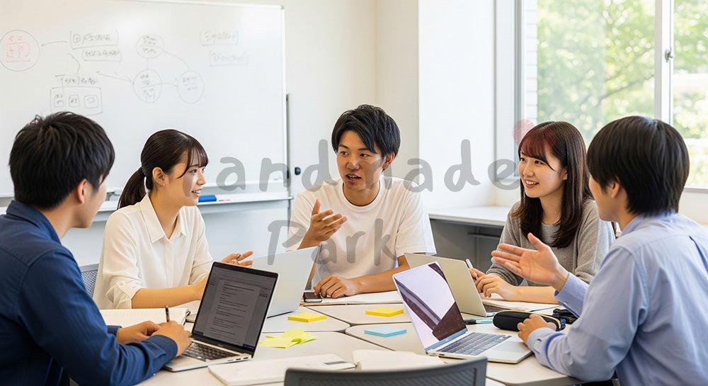 フリー素材 無料 写真|円卓を囲んでグループディスカッションを行う日本人大学生のアクティブラーニング コピースペースあり