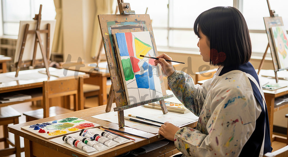 フリー素材 無料 写真|美術室でキャンバスに向かって絵を描く日本人高校生のアート学習(表現3)
