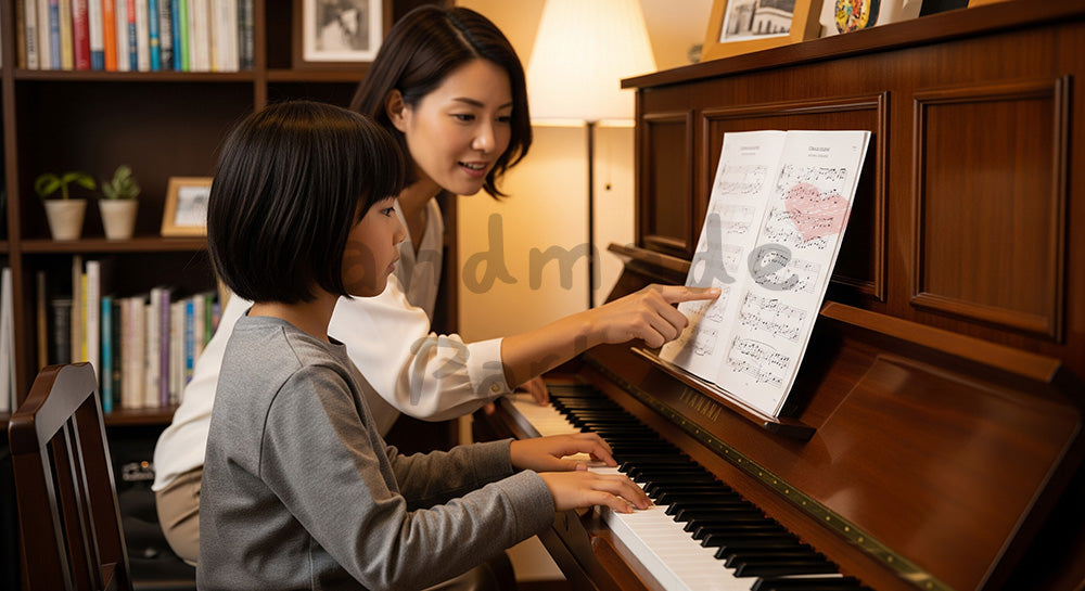 フリー素材 無料 写真|アップライトピアノで講師とマンツーマンレッスンを受ける日本人の子ども(表現2)