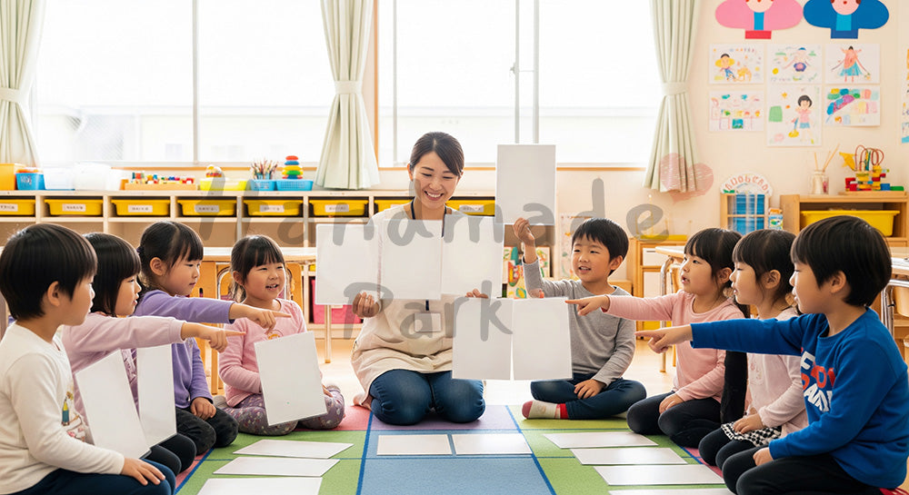 フリー素材 無料 写真|ひらがなカードを使って言葉遊びをする日本人幼児と保育士の早期学習シーン(表現1)
