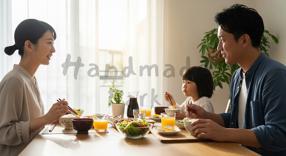 フリー素材 無料 写真|朝食を囲んで会話を楽しむ日本人家族のダイニングシーン(表現2)