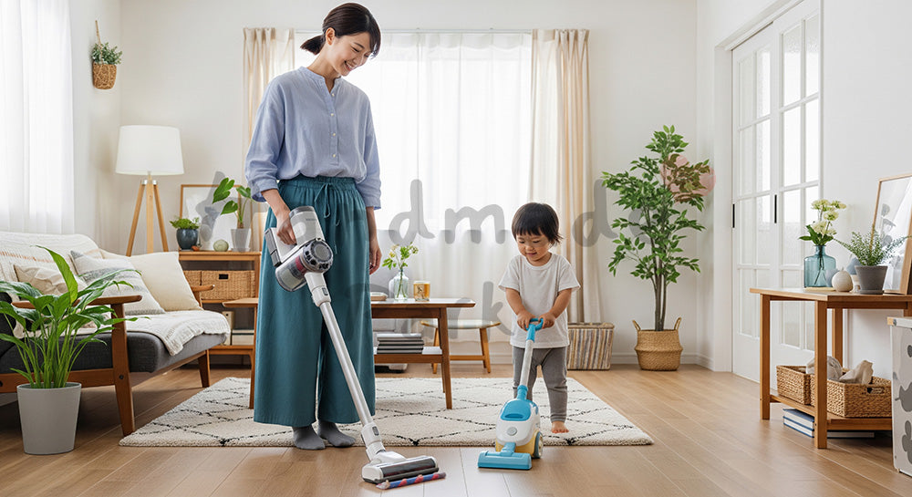 フリー素材 無料 写真|リビングで掃除機をかける日本人母親と真似をする幼児の家事シーン(表現2)