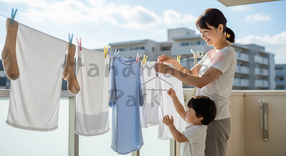 フリー素材 無料 写真|ベランダで洗濯物を干す日本人母親とハンガーを渡す幼児の家事シーン(表現3)