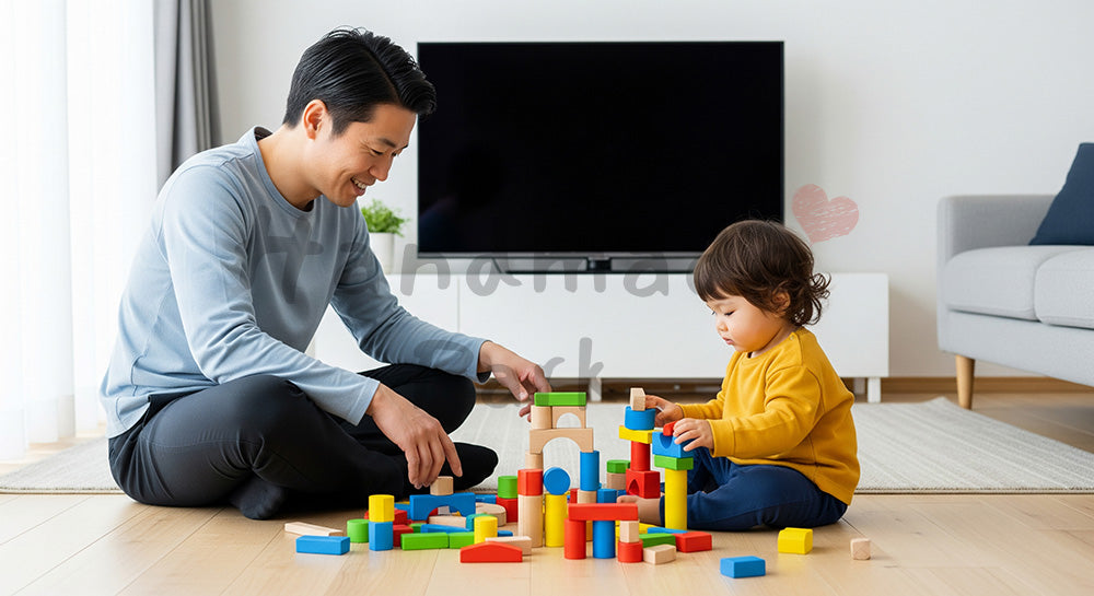 フリー素材 無料 写真|リビングで積み木遊びを楽しむ日本人父親と幼児の子育てシーン(表現3)
