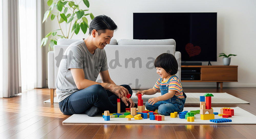 フリー素材 無料 写真|リビングで積み木遊びを楽しむ日本人父親と幼児の子育てシーン コピースペースあり