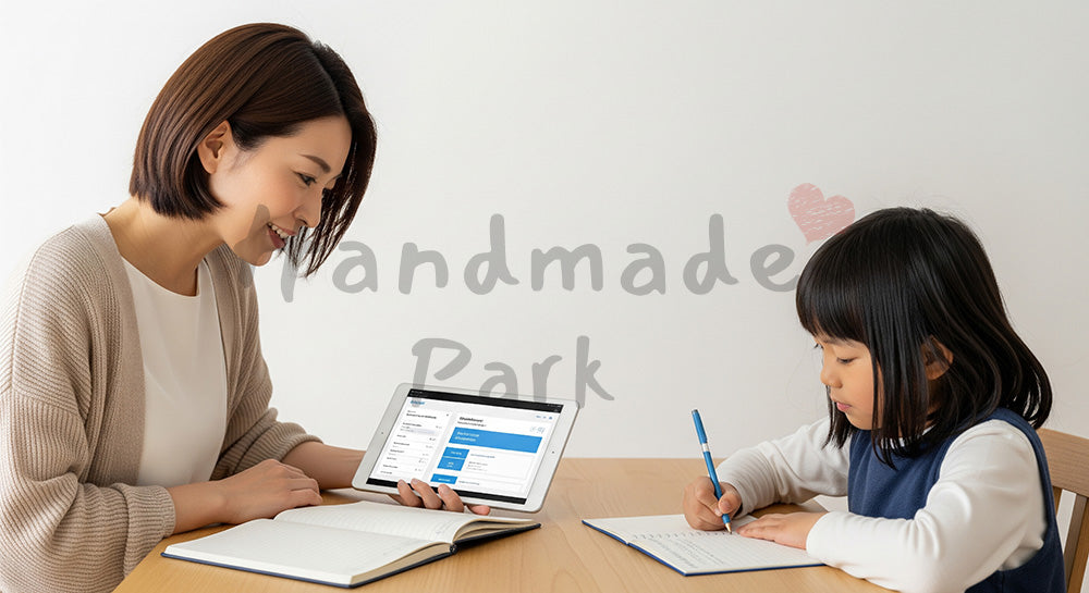 フリー素材 無料 写真|ダイニングで家計簿とおこづかい帳をつける日本人母子のマネー学習(表現3)