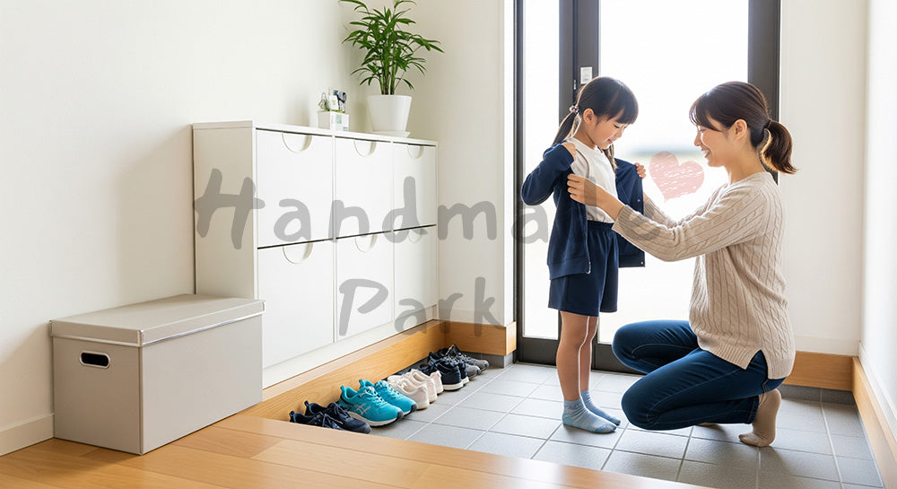 フリー素材 無料 写真|玄関で幼い子どもの靴と上着を整える日本人母親の登園準備シーン 余白あり