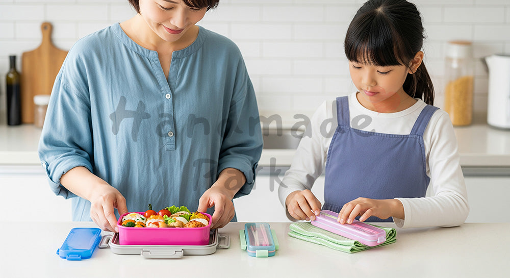 フリー素材 無料 写真|キッチンで子どものお弁当を準備する日本人母親と身支度をする小学生(表現3)