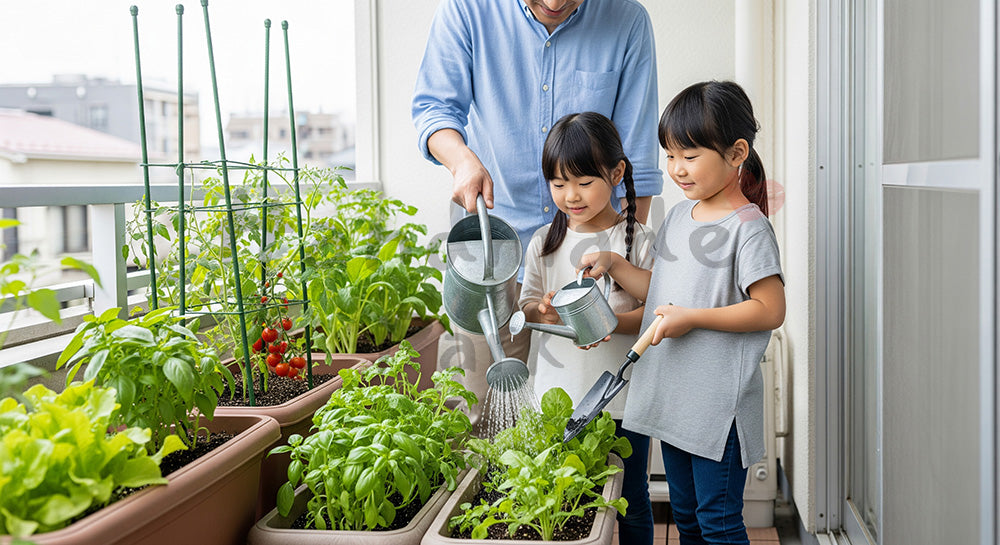 フリー素材 無料 写真|家庭菜園のプランターに親子で水やりをする日本人家族(表現3)