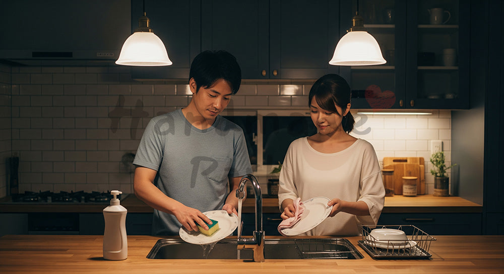 フリー素材 無料 写真|夜のキッチンで皿洗いと食器拭きを分担する日本人夫婦の家事シェア(表現1)